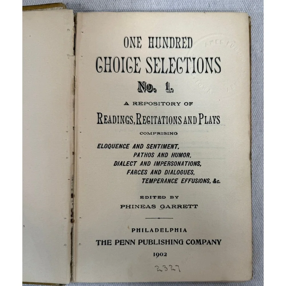 One Hundred Choice Selections No 1 Phineas Garrett 1902 Antique Hardcover Book